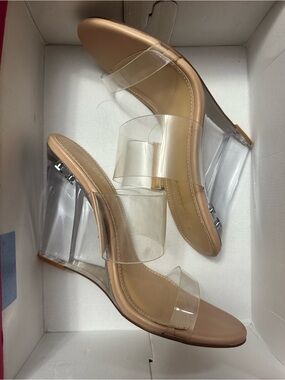 Shoe Dazzle Clear Strap Tan Wedge Sandals - Women